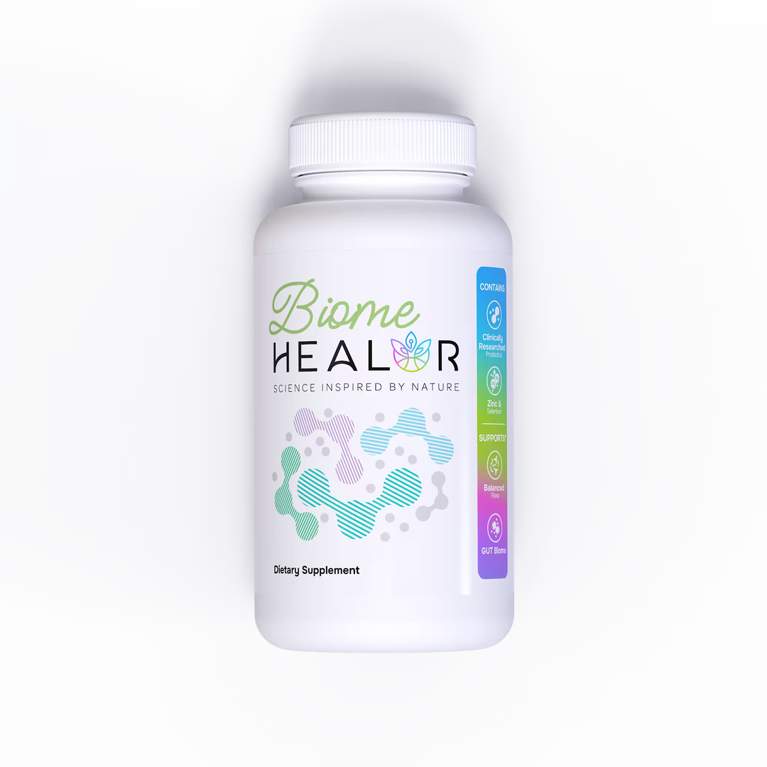 Supplement bottle labeled 'Biome HEALOR' on a light gray background