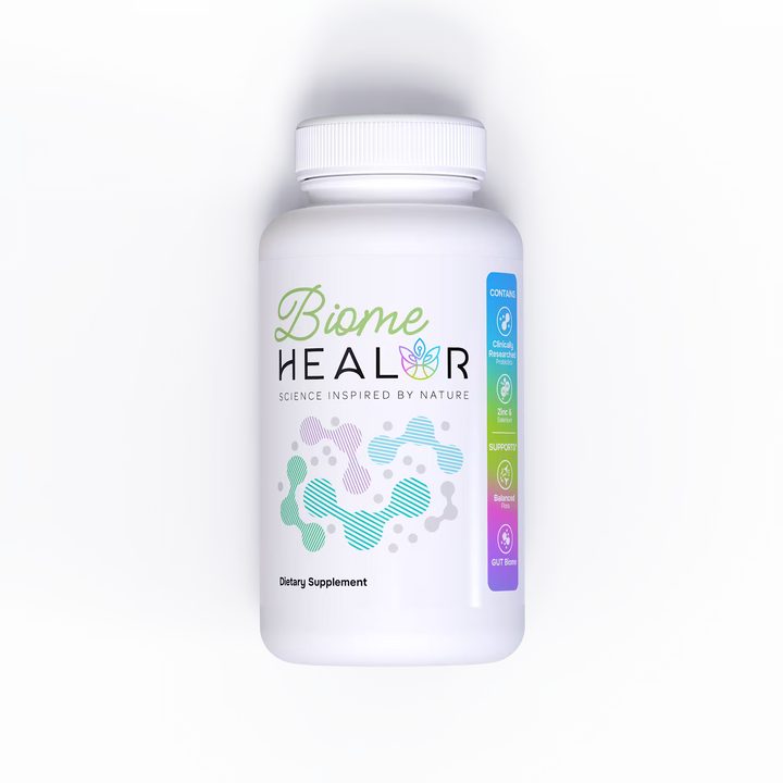 Supplement bottle labeled 'Biome HEALOR' on a light gray background
