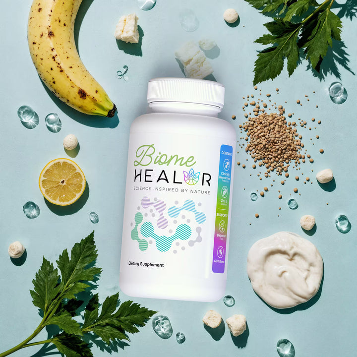 Biome Healor dietary supplement bottle surrounded by natural elements on a light blue background