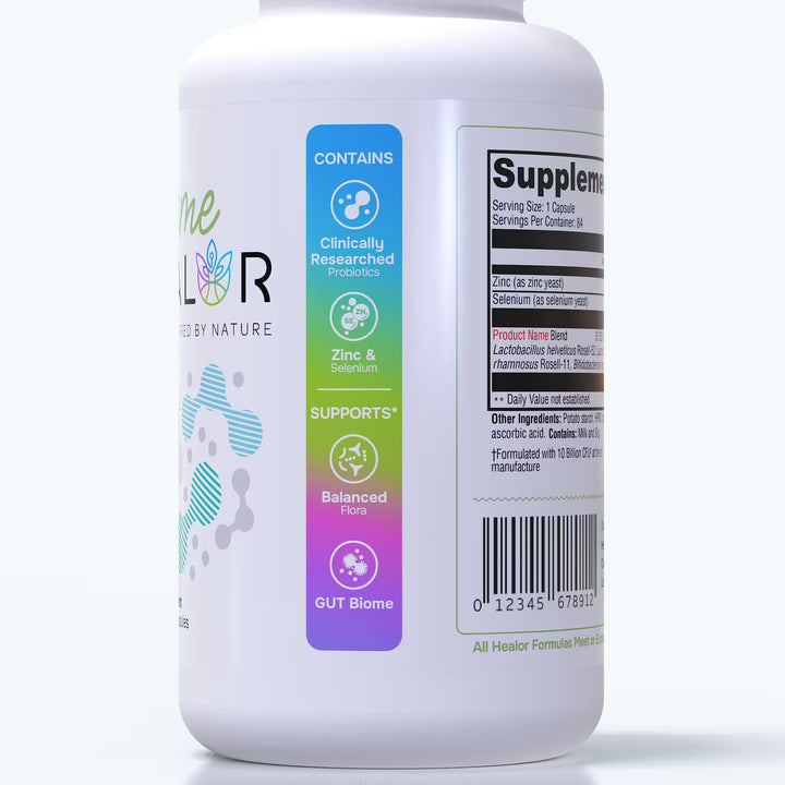 Biome Healor Supplement bottle with colorful label on a white background