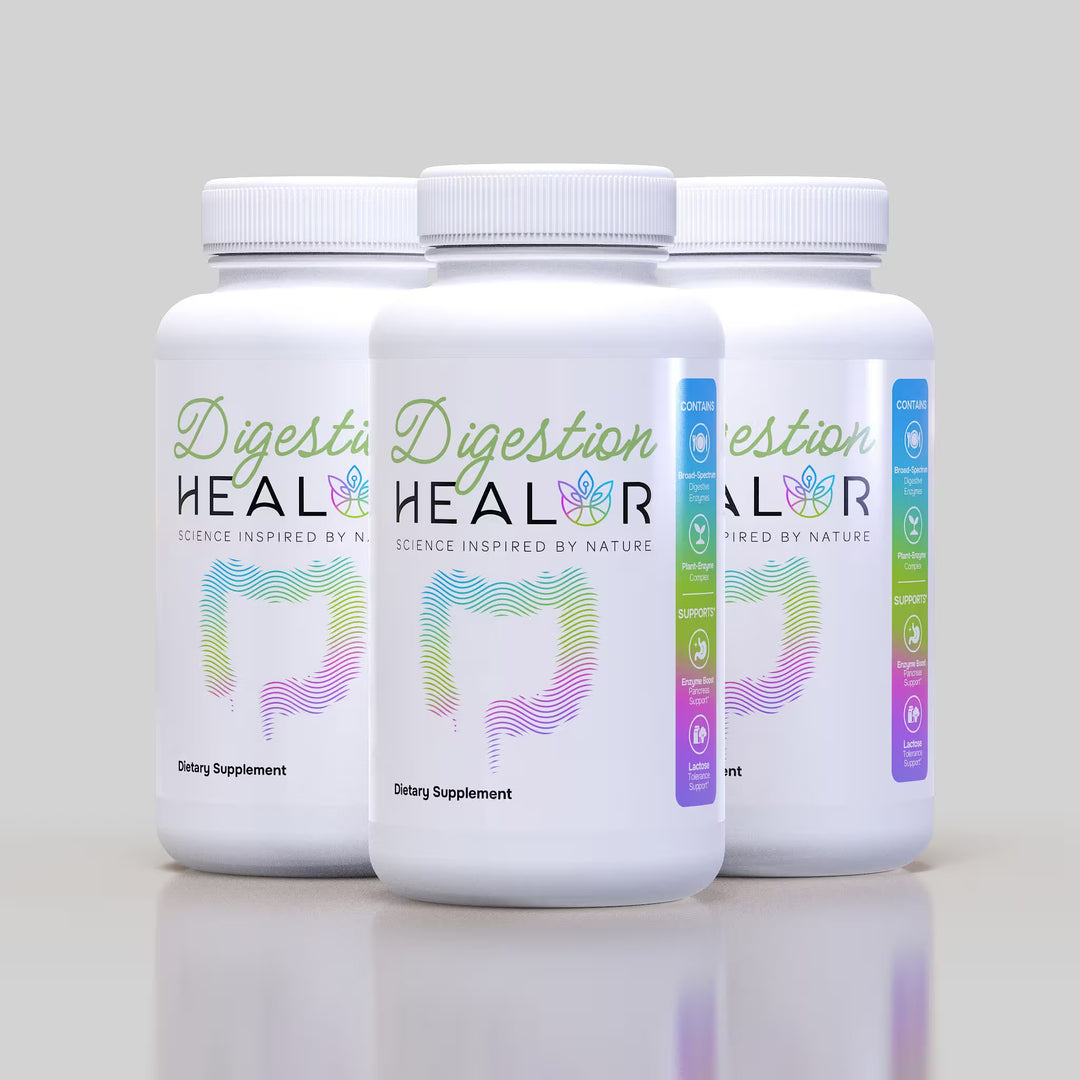 Three 'Digestion Healor' dietary supplement jars on a gray background