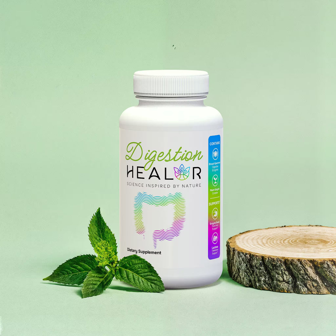 Supplement bottle labeled 'Digestion HEALor' with mint leaves and a wooden slice on a light green background