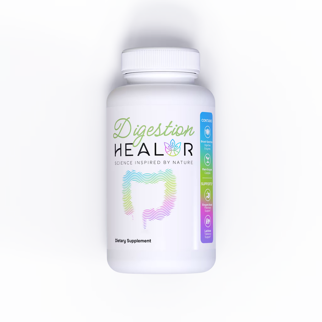 Supplement bottle labeled 'Digestion HEALOR' on a light gray background