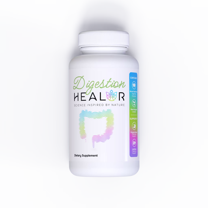 Supplement bottle labeled 'Digestion HEALOR' on a light gray background