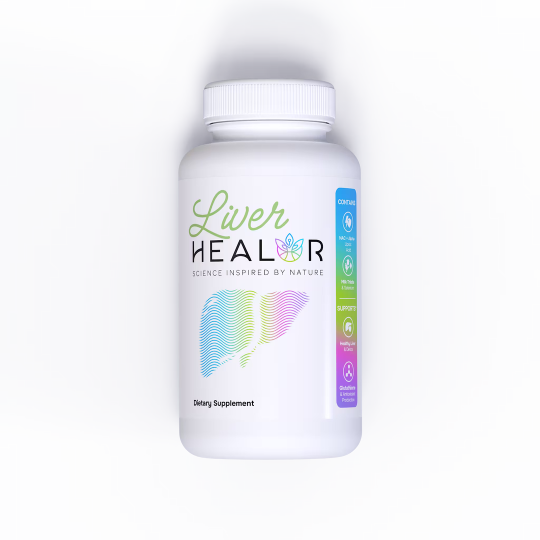 Supplement bottle labeled 'Liver HEALOR' on a light gray background