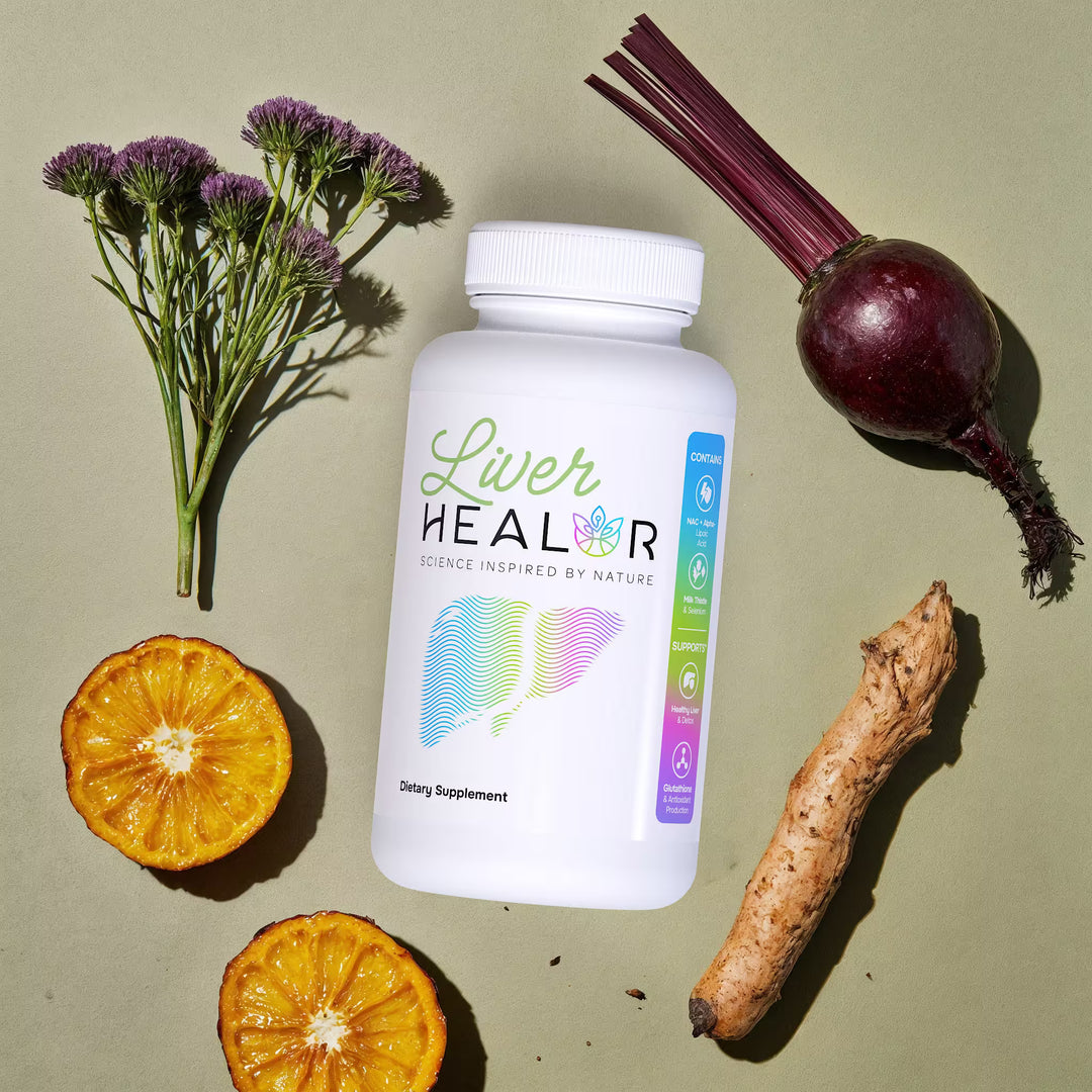 Supplement bottle labeled 'Liver Healor' with a beet, orange, and plant on a beige background