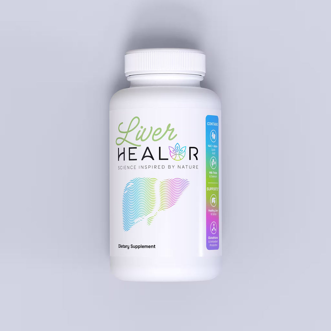 Supplement bottle labeled 'Liver HEALOR' on a light gray background