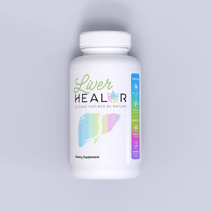 Supplement bottle labeled 'Liver HEALOR' on a light gray background
