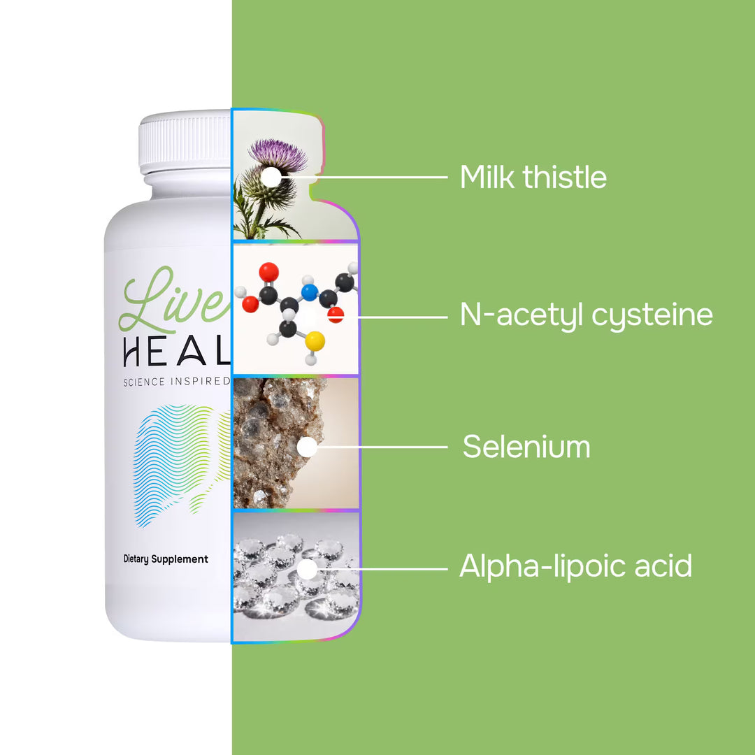 Liver Healor Supplement bottle labeled with health benefits on a green background