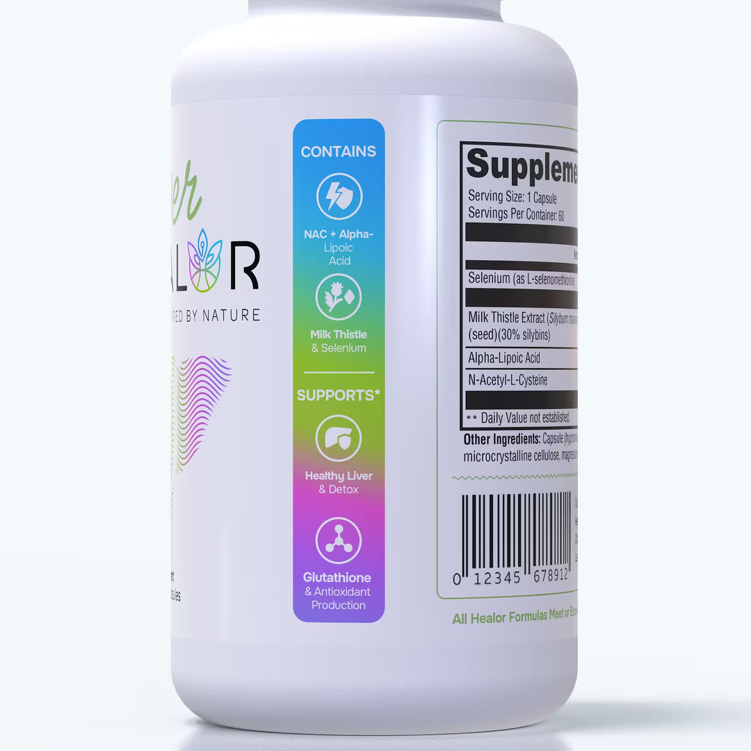 Liver Healor Supplement bottle with colorful labels on a white background