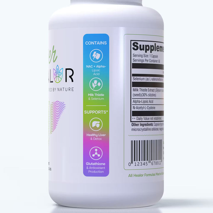 Liver Healor Supplement bottle with colorful labels on a white background