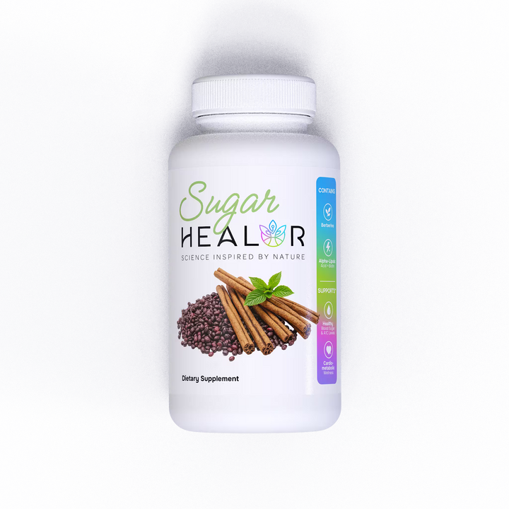 Supplement bottle labeled 'Sugar HEALOR' on a gray background