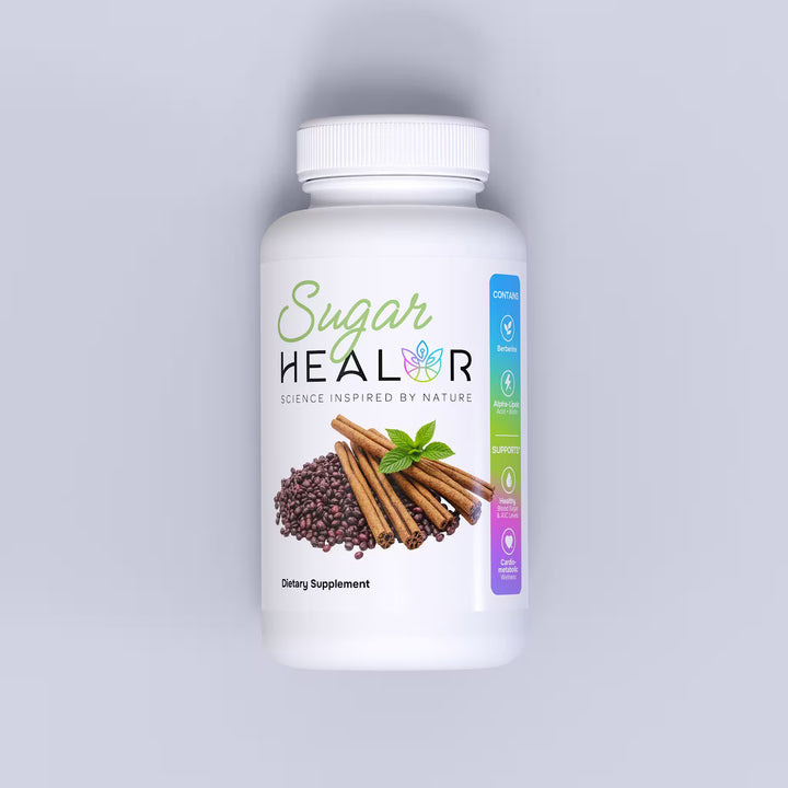 Supplement bottle labeled 'Sugar HEALOR' on a light gray background