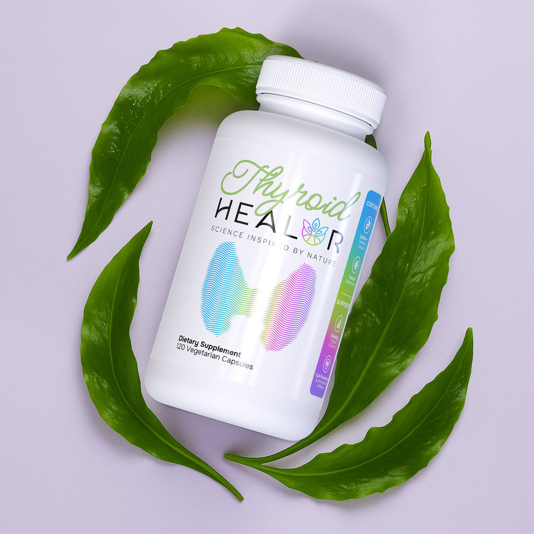 Thyroid Healor supplement bottle with green leaves on a light purple background