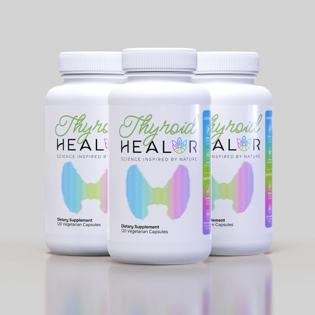 Three bottles of Thyroid Healor dietary supplements on a light gray background