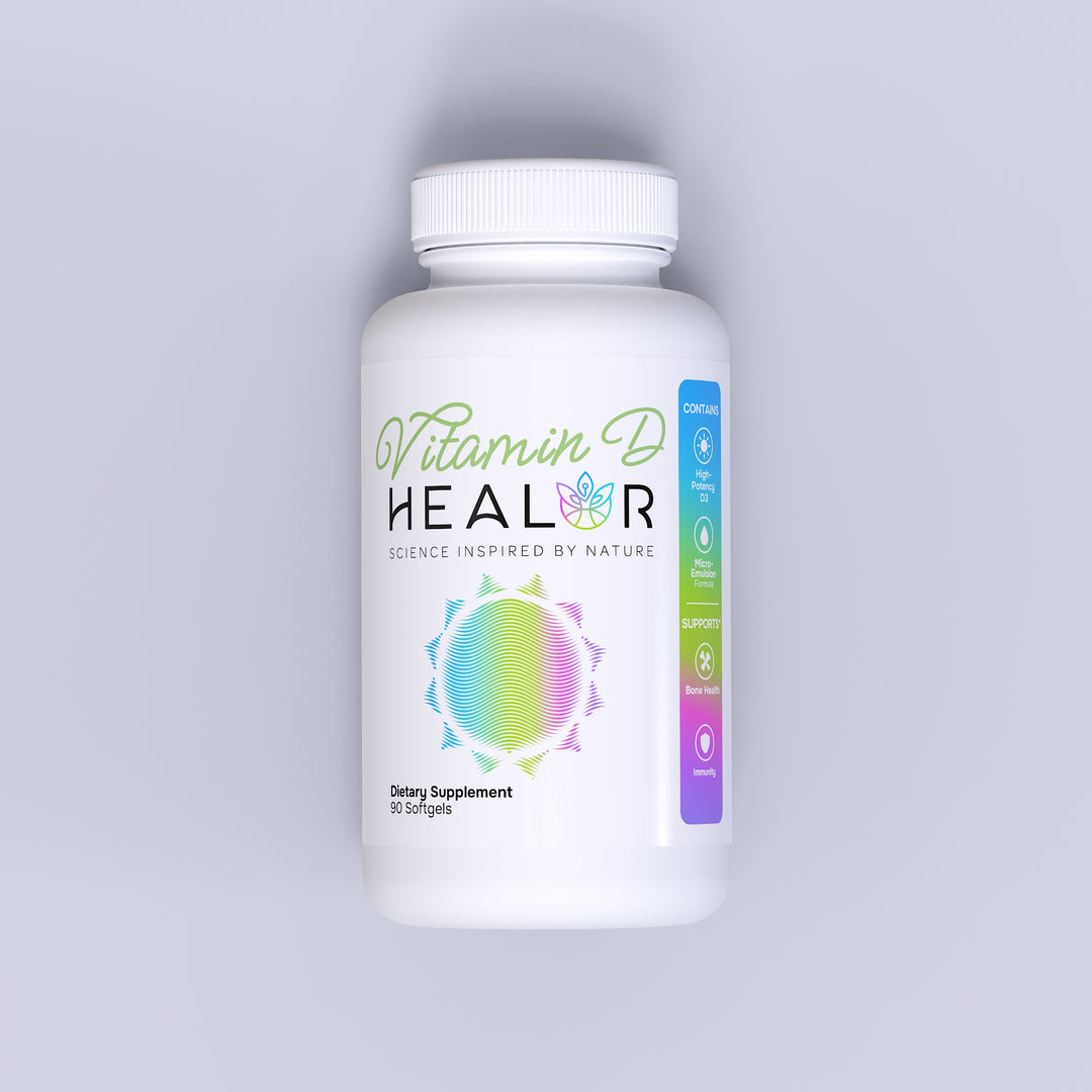 Vitamin D supplement bottle labeled 'Vitamin D HEALOR' on a gray background