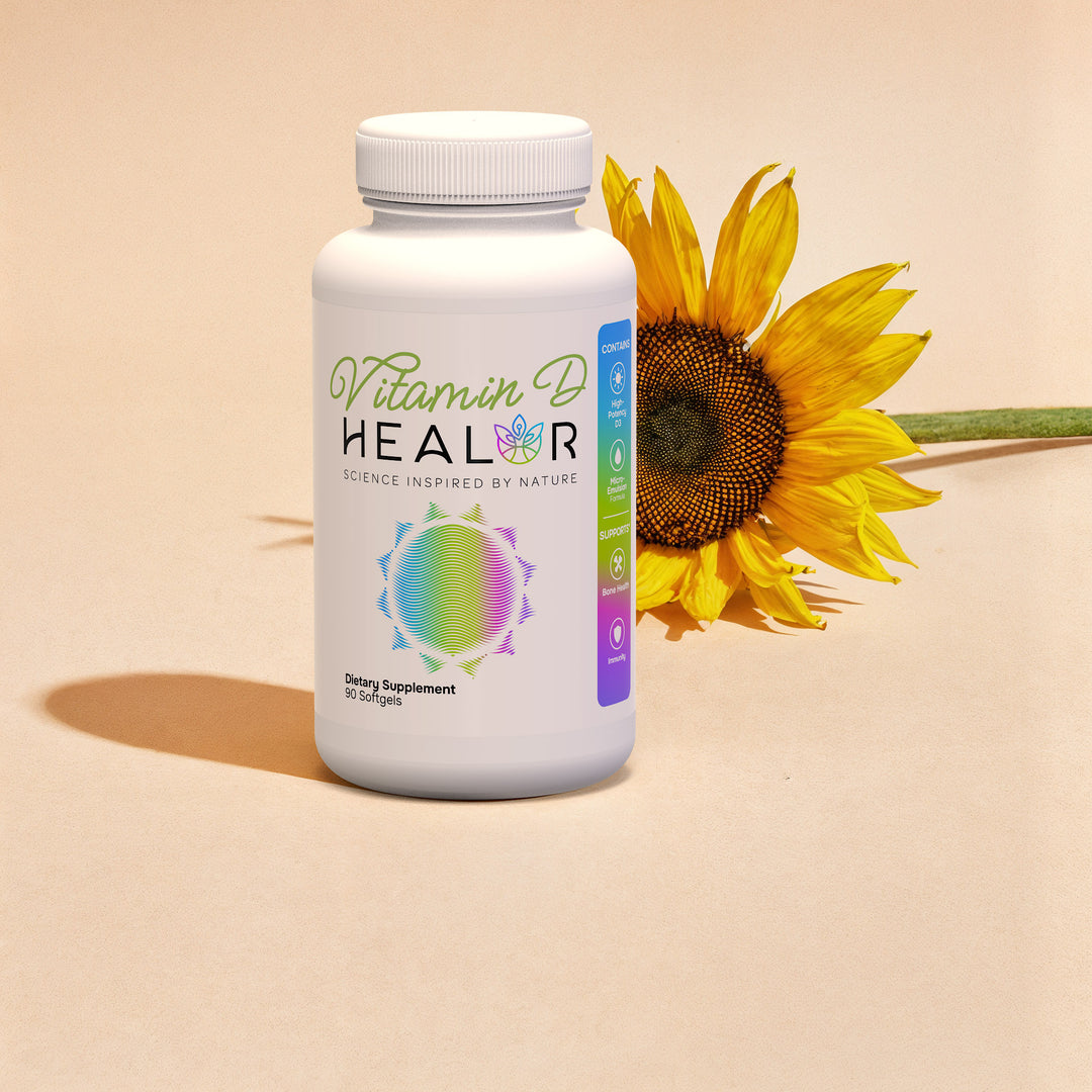 Vitamin D supplement bottle labeled 'HEALOR' with a sunflower on a beige background