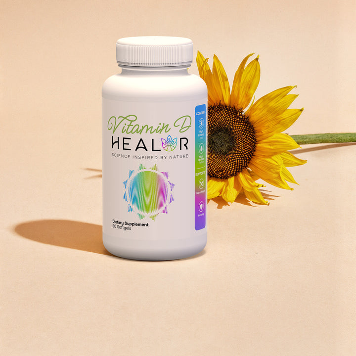 Vitamin D supplement bottle labeled 'HEALOR' with a sunflower on a beige background