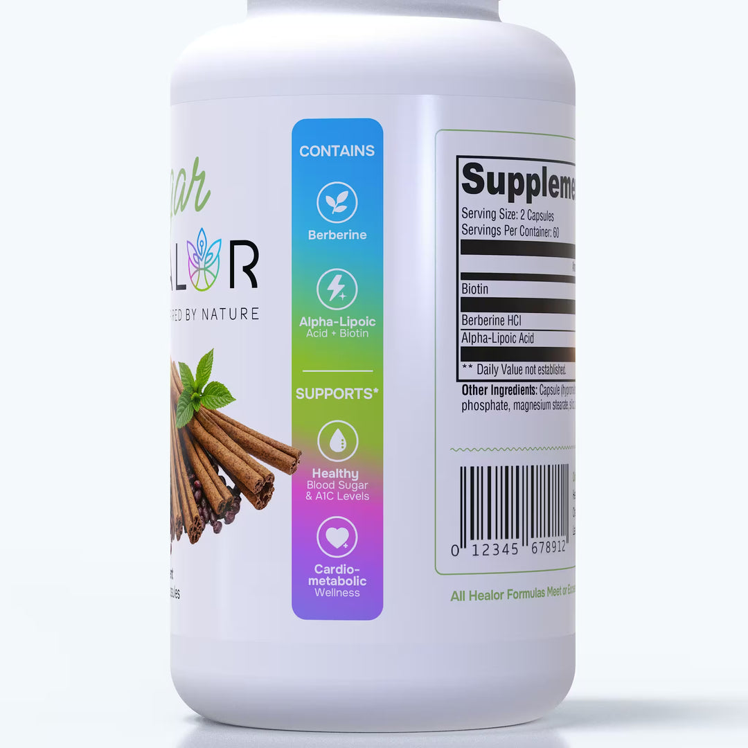 Supplement bottle with colorful label on a white background