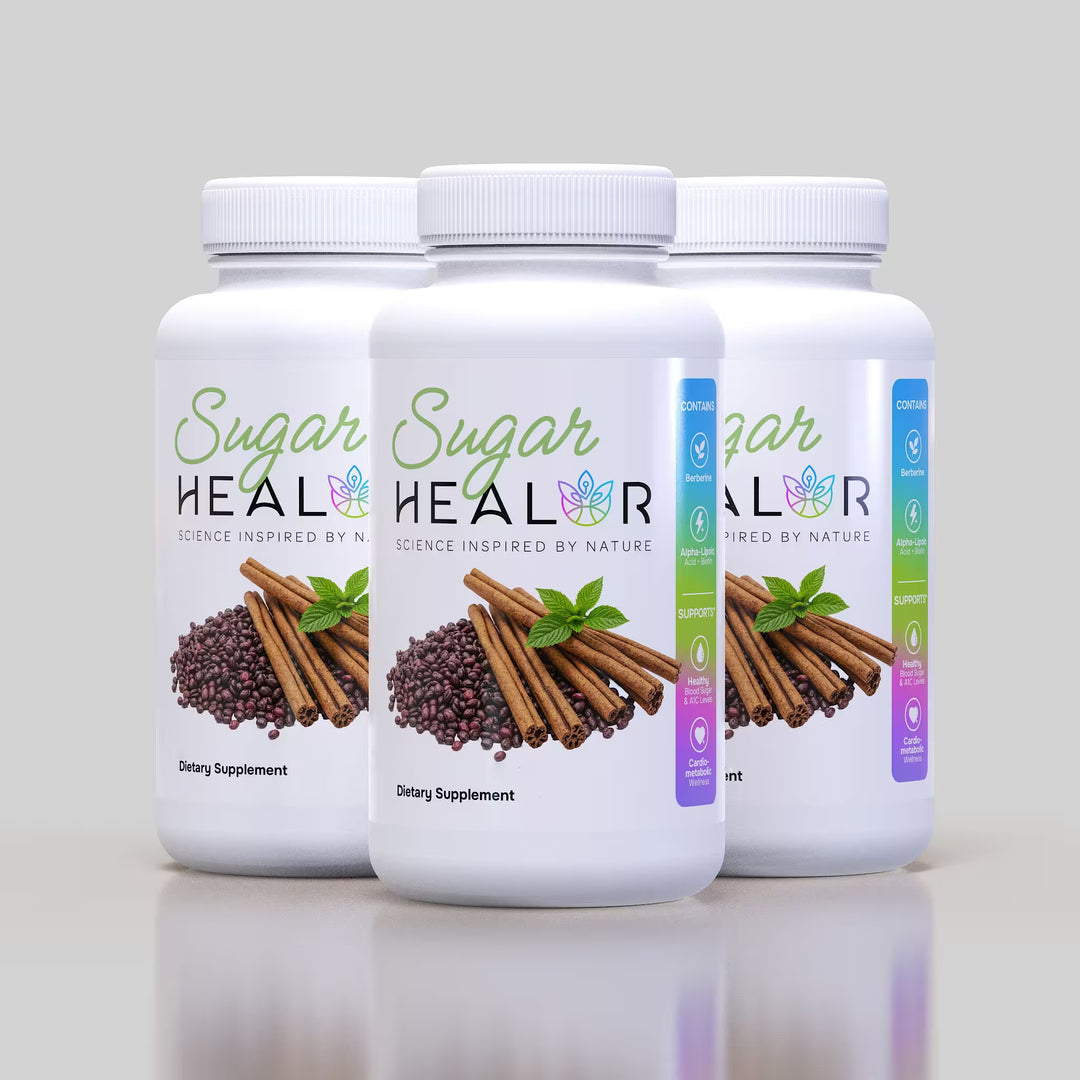 Three bottles of Sugar Healor dietary supplement on a gray background